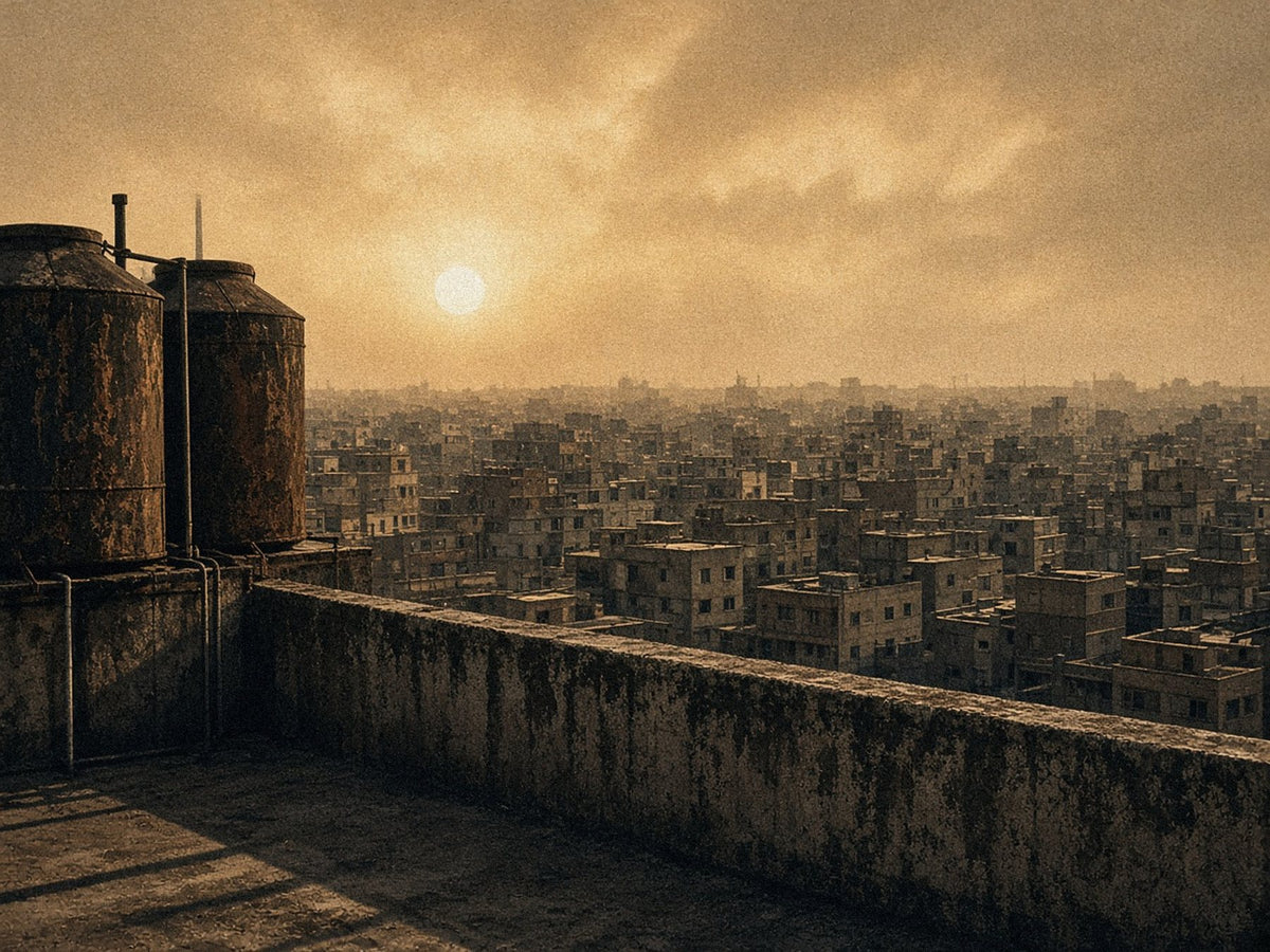 Hazy amber city seen from a worn rooftop with rusted water tanks at dusk — generated mood image