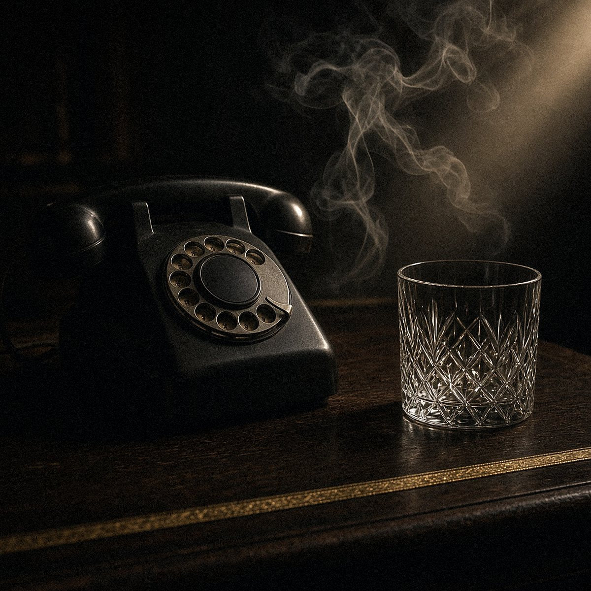 Rotary phone and crystal glass on a gold-trimmed desk in smoky light — generated mood image