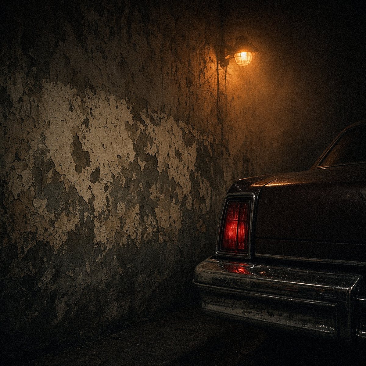 Peeling wall under a streetlamp beside a vintage car taillight — generated mood image