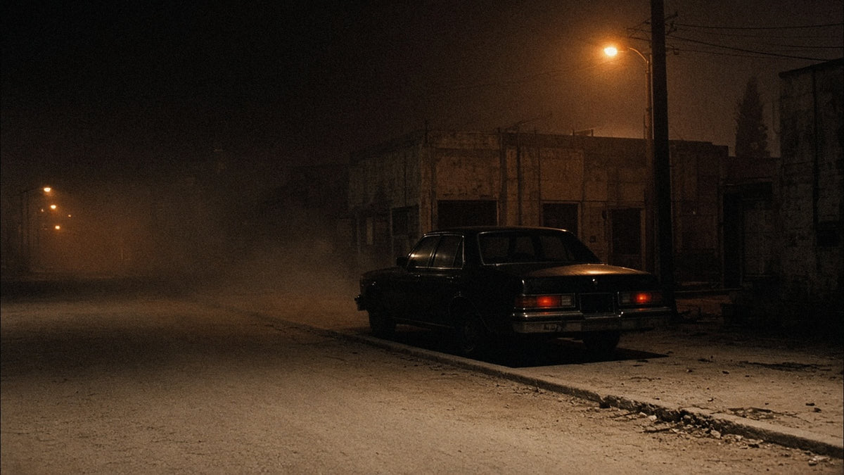 Foggy sodium-lit street at night with a vintage black sedan — generated mood image