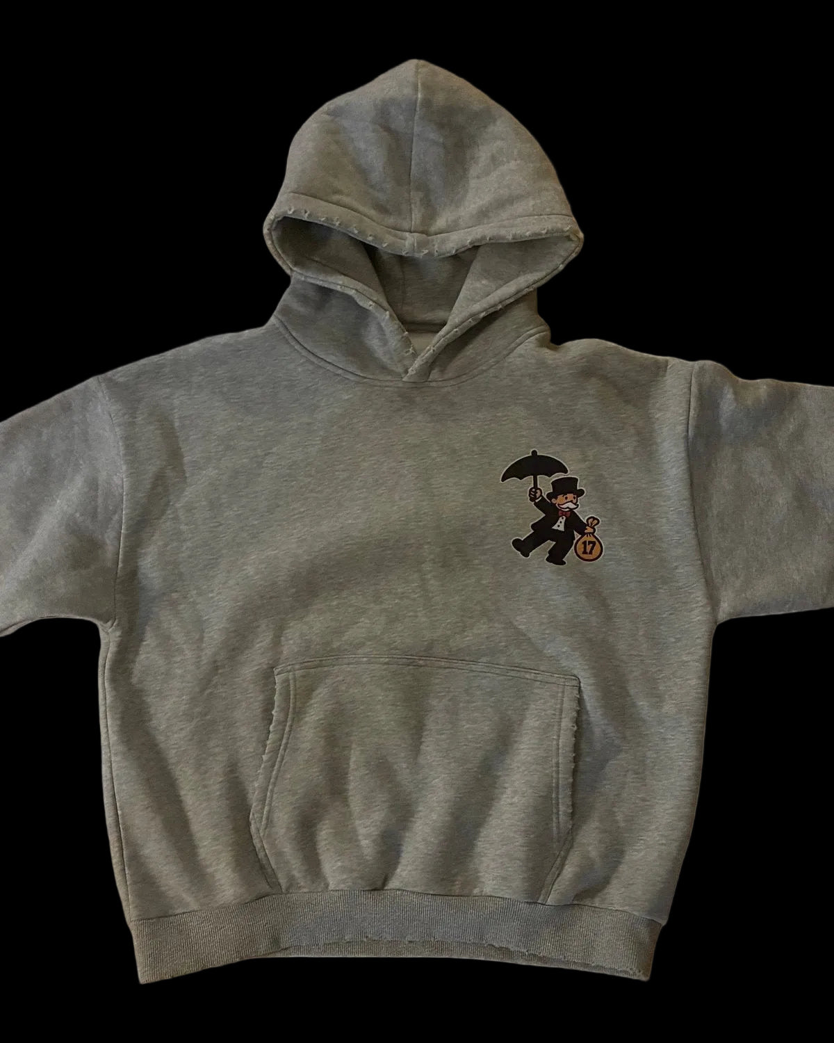 Front of the heather gray Ca$a Norte hoodie on an off-white background